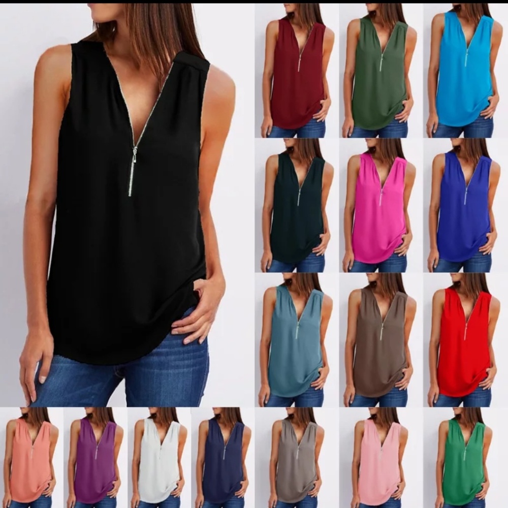 BURGUNDY ZIP FRONT SLEEVELESS BLOUSE - Picture 3 of 3